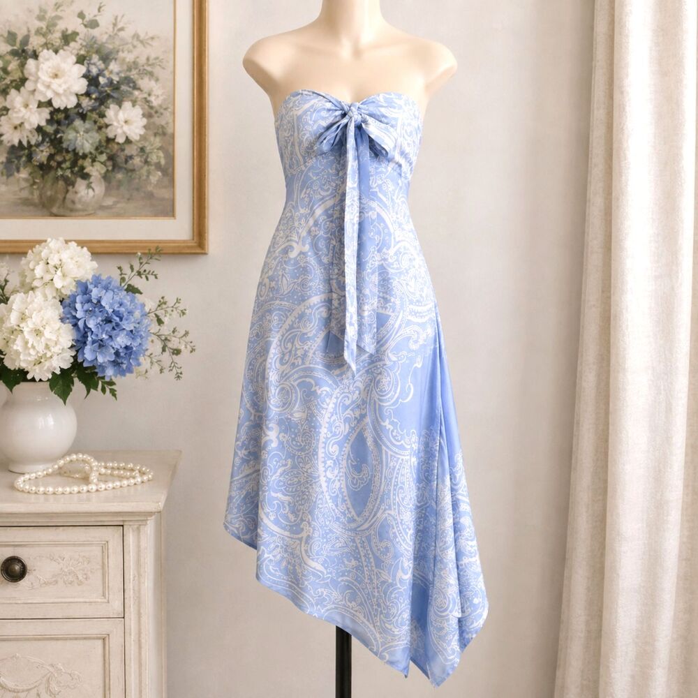 Laundry by Shelli Segal Silk Strapless Bow Asymmetrical Dress Size 4 Blue - Picture 1 of 8